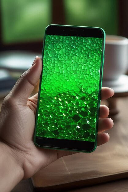 Smartphone com tela verde segurado na mão masculina