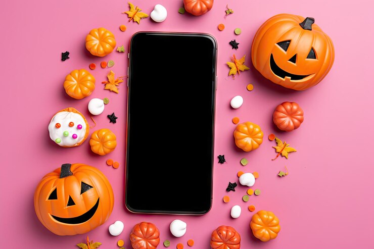 Foto smartphone com tema de halloween com doces em um fundo rosa