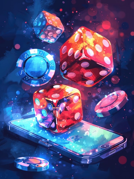 Smartphone com um jogo de azar cercado por fichas de cassino vibrantes