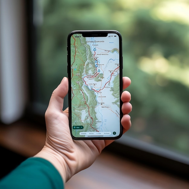 Smartphone com um mapa GPS sendo sustentado por una mano
