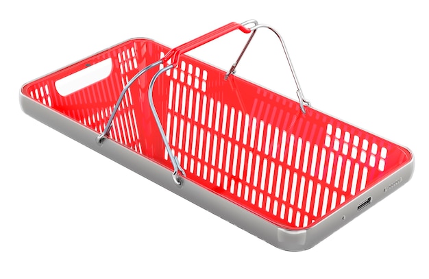 Smartphone como cesta de compras Concepto de pedido en línea Rendering 3D