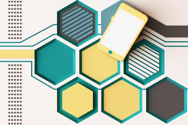 Smartphone con concepto de tecnología Composición abstracta de formas geométricas plataformas en color amarillo y verde renderización 3D