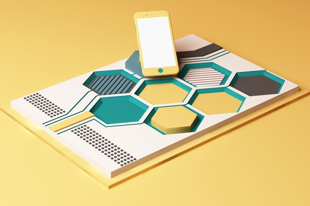 Smartphone con concepto de tecnología Composición abstracta de formas geométricas plataformas en color amarillo y verde renderización 3D