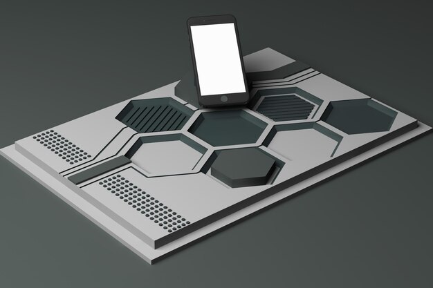 Smartphone con concepto de tecnología Composición abstracta de formas geométricas plataformas en color gris renderización 3D