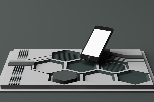 Smartphone con concepto de tecnología Composición abstracta de formas geométricas plataformas en color gris renderización 3D