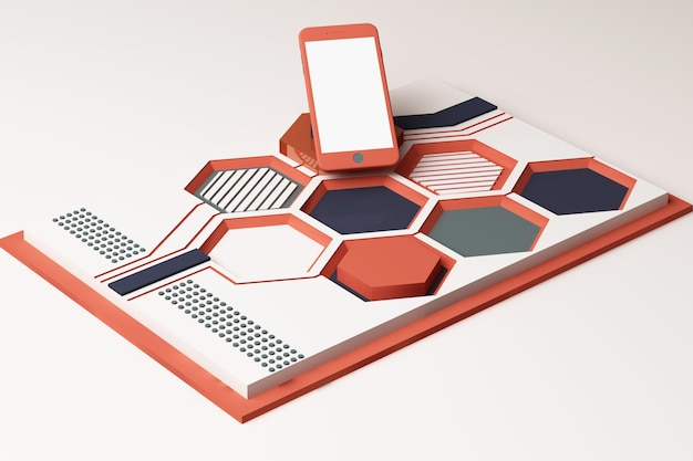 Smartphone con concepto de tecnología Composición abstracta de formas geométricas Plataformas en color naranja y azul Rendering 3D