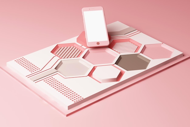 Smartphone con concepto de tecnología Composición abstracta de formas geométricas Plataformas en tono rosa pastel Rendering 3D
