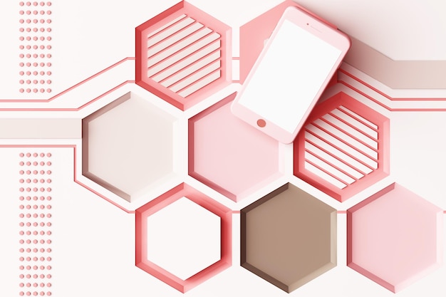 Smartphone con concepto de tecnología Composición abstracta de formas geométricas Plataformas en tono rosa pastel Rendering 3D