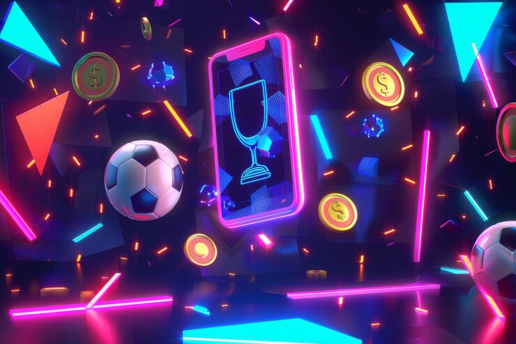 Smartphone con contorno de neón rodeado de bolas deportivas flotantes y monedas contra un fondo futurista oscuro