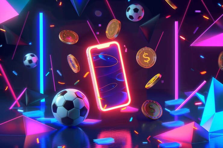 Smartphone con contorno de neón rodeado de bolas deportivas flotantes y monedas contra un fondo futurista oscuro