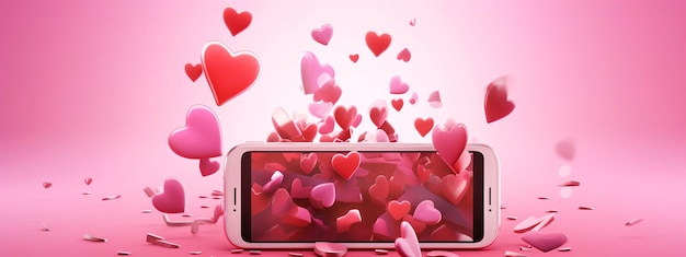 Smartphone con corazones voladores en fondo rosado renderizado en 3D