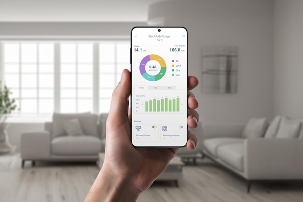 Smartphone de mão com aplicativo de consumo de energia no interior da sala de estar Conceito de tecnologia de casa inteligente e gerenciamento eficiente de energia