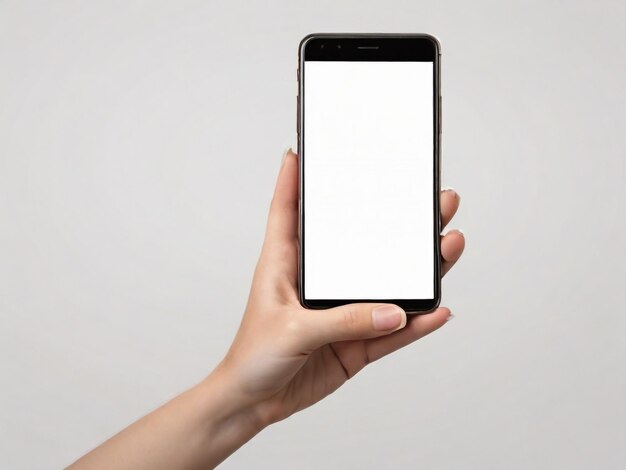 Smartphone de mão com tela em branco isolada em fundo branco