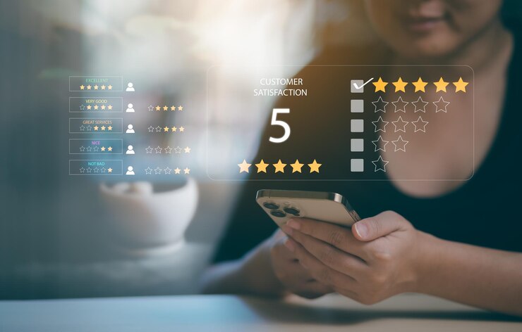 Foto smartphone de toque de mulher com conceito de pesquisa de feedback de satisfação de revisão do cliente, o usuário avalia a experiência de serviço no aplicativo on-line, serviço que leva à classificação de reputação dos negócios.
