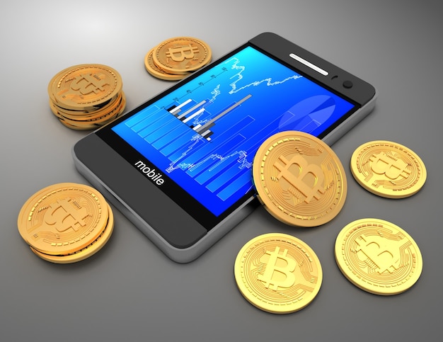 Smartphone e bitcoins. Ilustração renderizada 3D