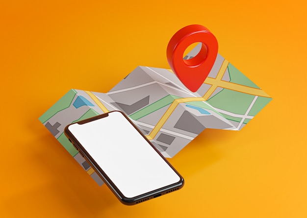 Smartphone e pino gps vermelho no mapa.