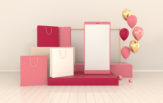 Smartphone-Einkaufstasche Ballons mockup Hintergrund, Handy 3D-Render
