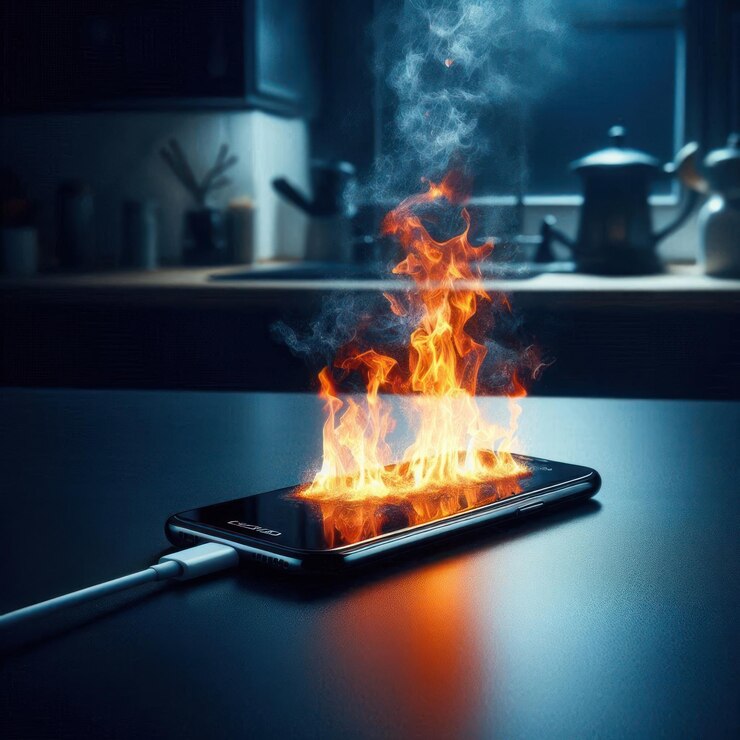 Foto smartphone em chamas com cabo de carregamento em frente ao fundo da cozinha