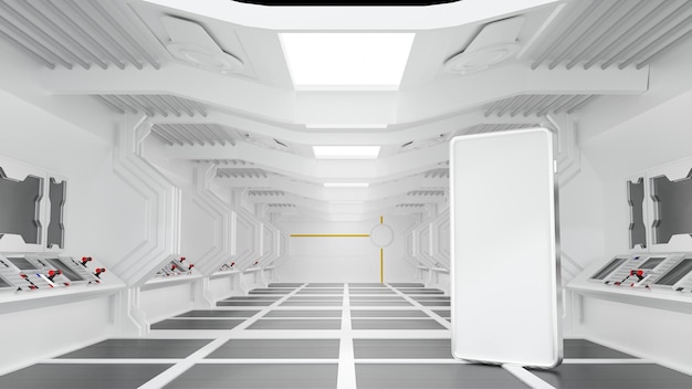 Smartphone em espaçonave ou estação espacial interior do túnel Sci Fi mercado online internet banking renderização em 3D