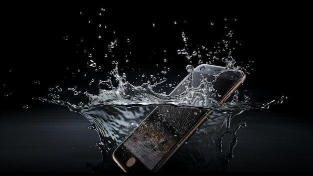 Foto smartphone em respingos de água imagem premium com bela composição o objeto na água