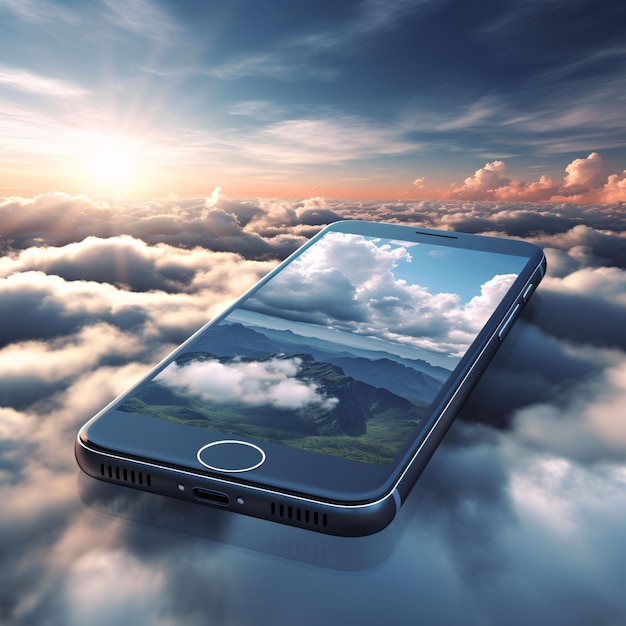 Smartphone em um fundo de nuvens e céu renderização 3D