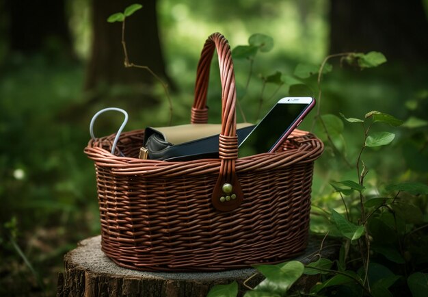 Smartphone em uma cesta de vime em um tronco na floresta