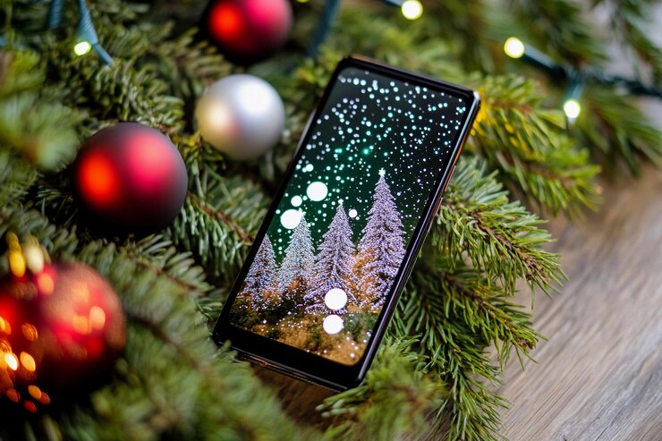 Smartphone festivo que muestra el paisaje de invierno entre las decoraciones navideñas IA generativa