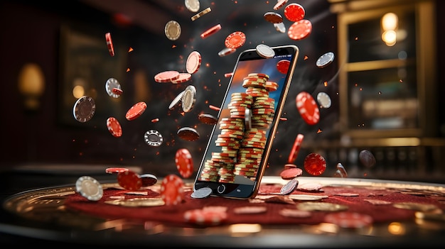 Smartphone con fichas de Poker y casino Imagen surrealista