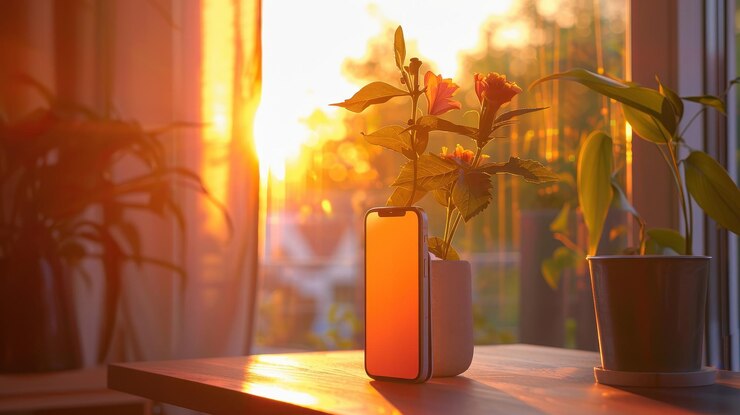 Smartphone y florero en una mesa junto a la ventana bañado en la cálida luz del atardecer