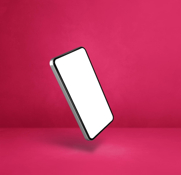 Smartphone flotante aislado sobre fondo cuadrado rosa