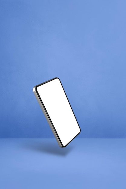 Smartphone flotante aislado sobre fondo vertical azul