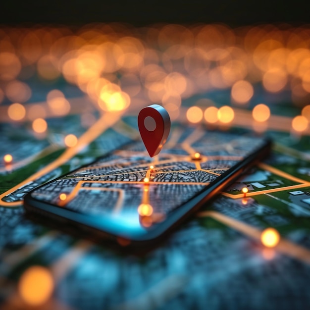 Smartphone-GPS-Symbol auf Verkehrsstraßenkarte generatives KI-Konzept für soziale Medien Postgröße