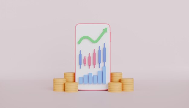 Smartphone con gráfico creciente Acciones y monedas concepto de mercado de crecimiento de criptomonedas