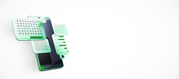 Smartphone con gráficos flotantes y gráficos que representan datos comerciales, crecimiento financiero y tecnología Elementos verdes claros en fondo blanco Renderización 3D