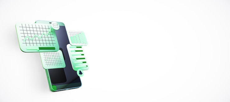 Foto smartphone con gráficos flotantes y gráficos que representan datos comerciales, crecimiento financiero y tecnología elementos verdes claros en fondo blanco renderización 3d