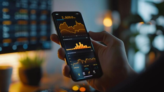 Smartphone con gráficos del mercado del oro en la pantalla sostenido por un hombre de negocios