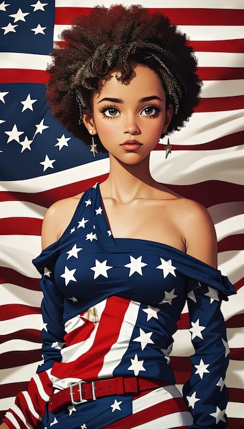 Smartphone-Hintergrundbild Afroschwarzes Manga-Anime-Mädchen, gekleidet als amerikanische Flagge