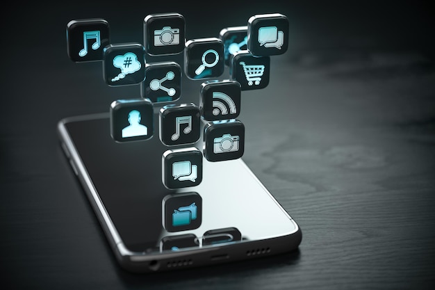 Smartphone con iconas de nube de aplicaciones Teléfono móvil sobre el fondo de madera negra