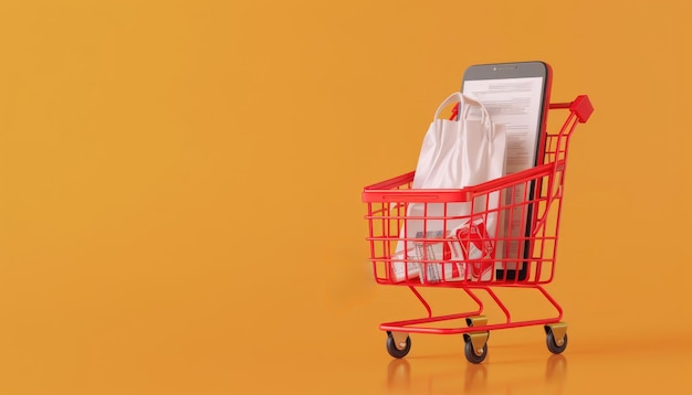 Smartphone con icono de compra en la pantalla lugar en el carrito de compras rojo con papel de recibo desplegado y