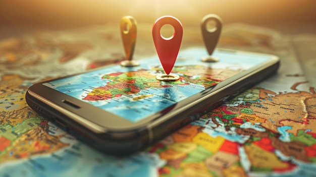 Smartphone con icono de mapa 3D Pines de mapa GPS navegador pin puntos de control 3D Mapa del mundo icono de la tecnología