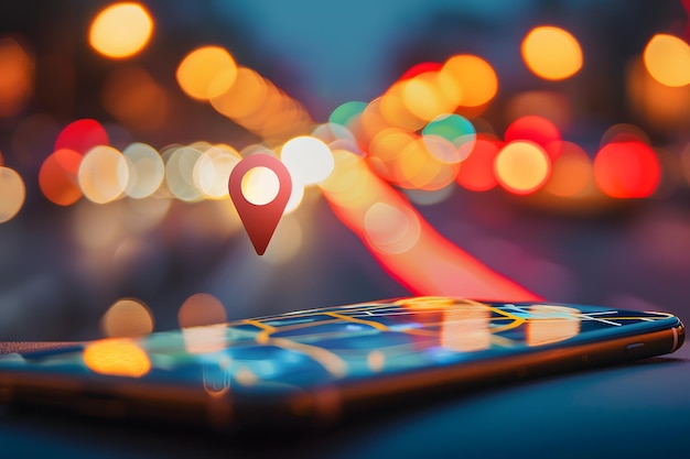Smartphone con icono de pin de ubicación en la pantalla y luces bokeh