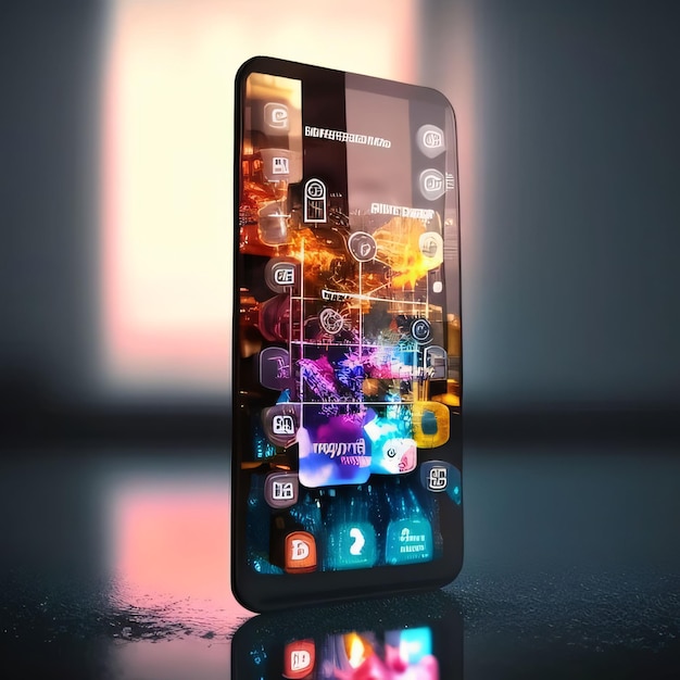 Smartphone con íconos de aplicaciones coloridas en la pantalla renderización 3D