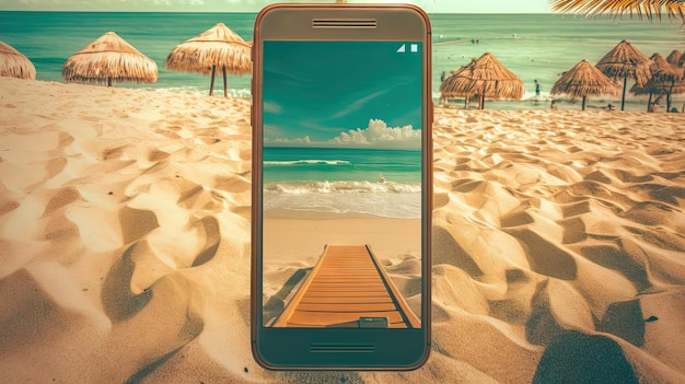 Smartphone im Sand des Strandes Urlaubsszene mit Telefon am Ufer Generative KI