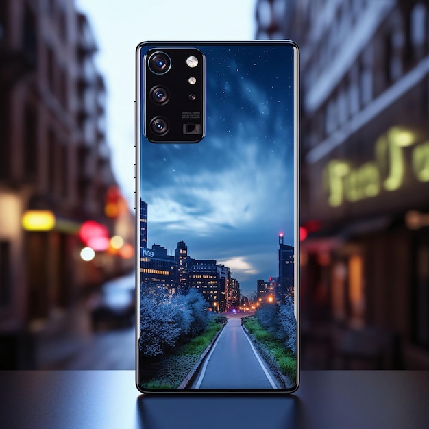 Smartphone con una imagen de la ciudad en la pantalla renderización 3D