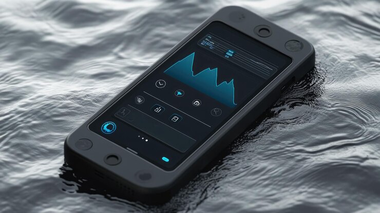 Foto smartphone impermeable flotando en el agua con gráfico mostrado en la pantalla