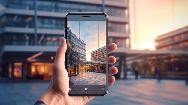 Smartphone in der Hand auf dem Hintergrund der Stadt 3D-Rendering