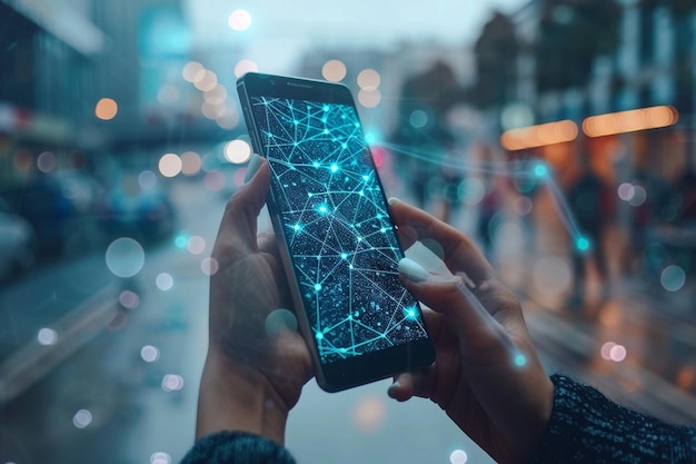 Foto smartphone in der hand mit network dots-technologie, die mit generativer ki erstellt wurde