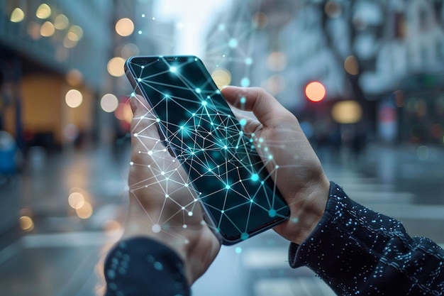 Smartphone in der Hand mit Network Dots-Technologie, die mit generativer KI erstellt wurde