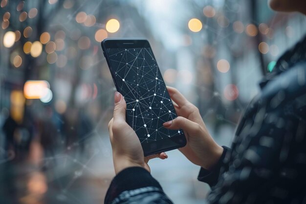 Foto smartphone in der hand mit network dots-technologie, die mit generativer ki erstellt wurde