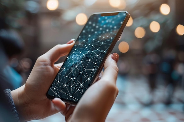 Smartphone in der Hand mit Network Dots-Technologie, die mit generativer KI erstellt wurde